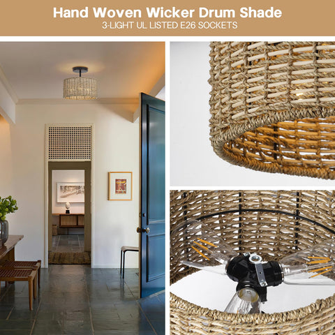 JIWUZHI farmhouse wicker ceiling light ideal for living room or hallway