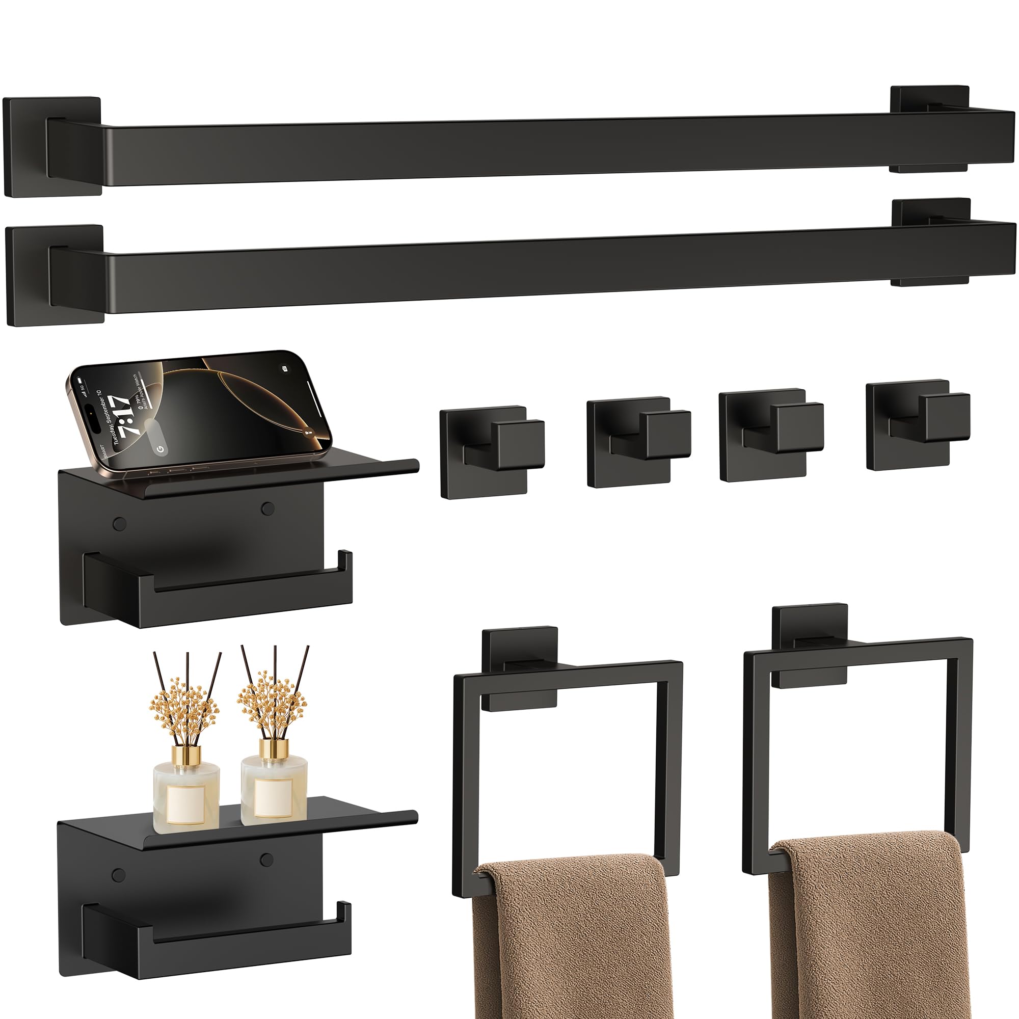 JIXB matte black bathroom kit keeps towels organized and dry.
