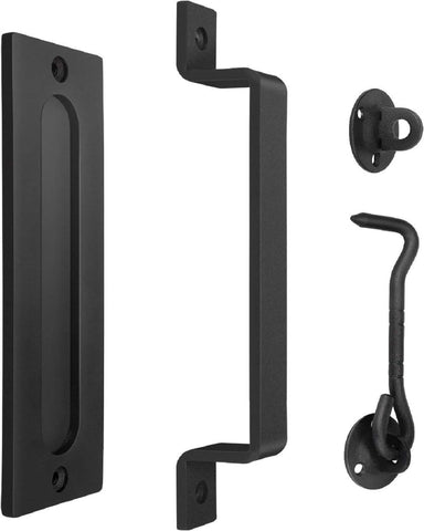J JHOUSELIFESTYLE matte black barn door handle, full-length view, durable steel construction.