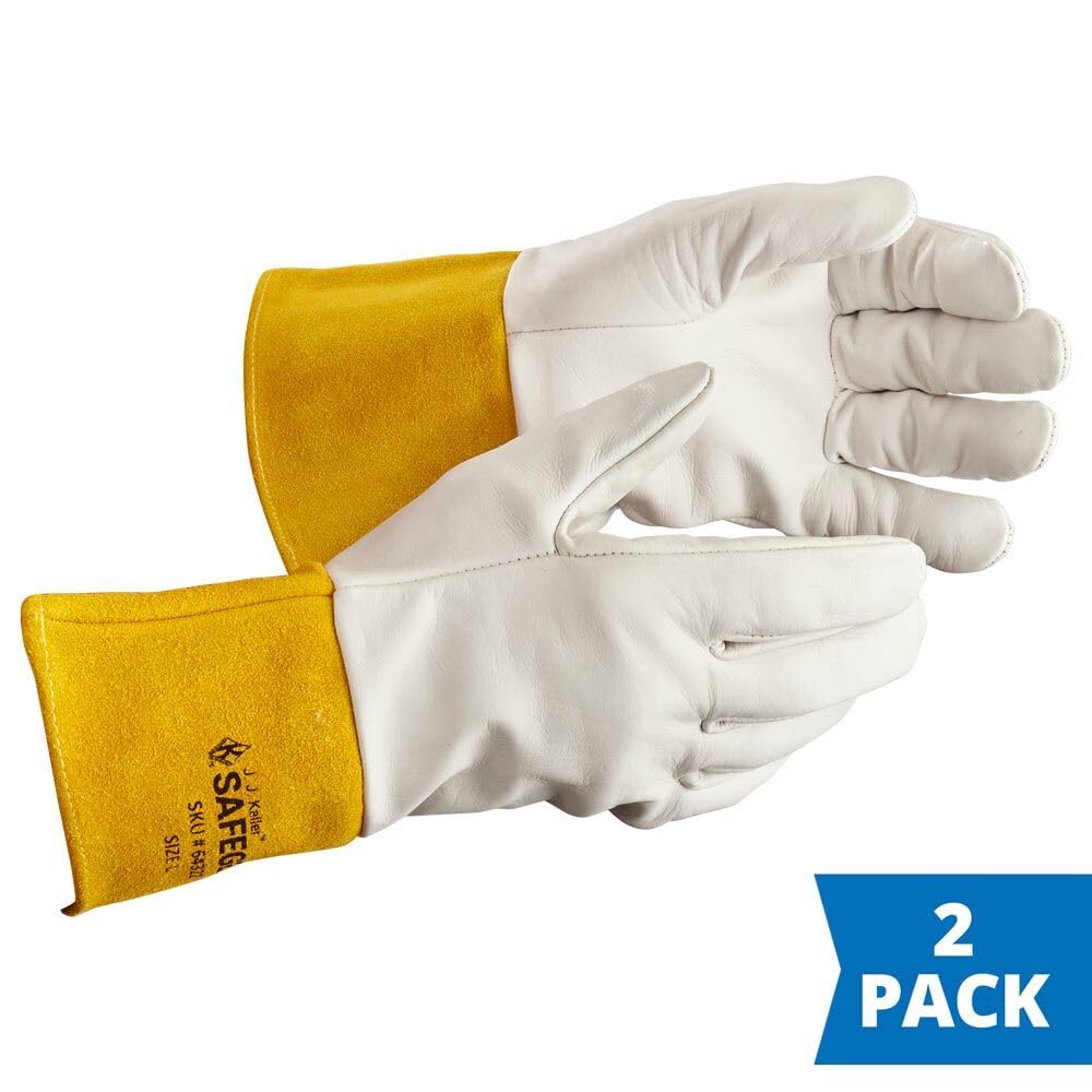 JJK SAFEGEAR cowhide gloves with a 4-inch cuff protecting the wrist.