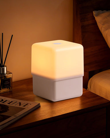JJ&RY Cool Lift Touch Lamp on nightstand showing liftable shade for playful lighting