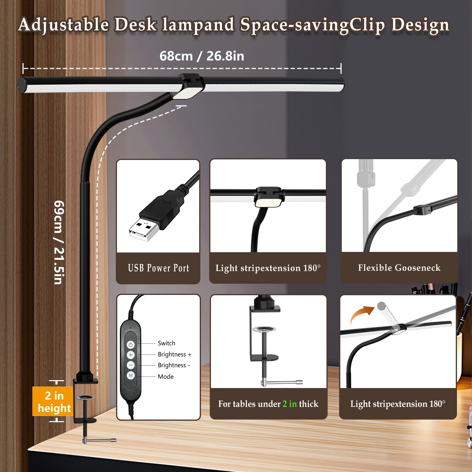 JKFIPKHI LED desk lamp flexible gooseneck enables precise light angle for tasks.