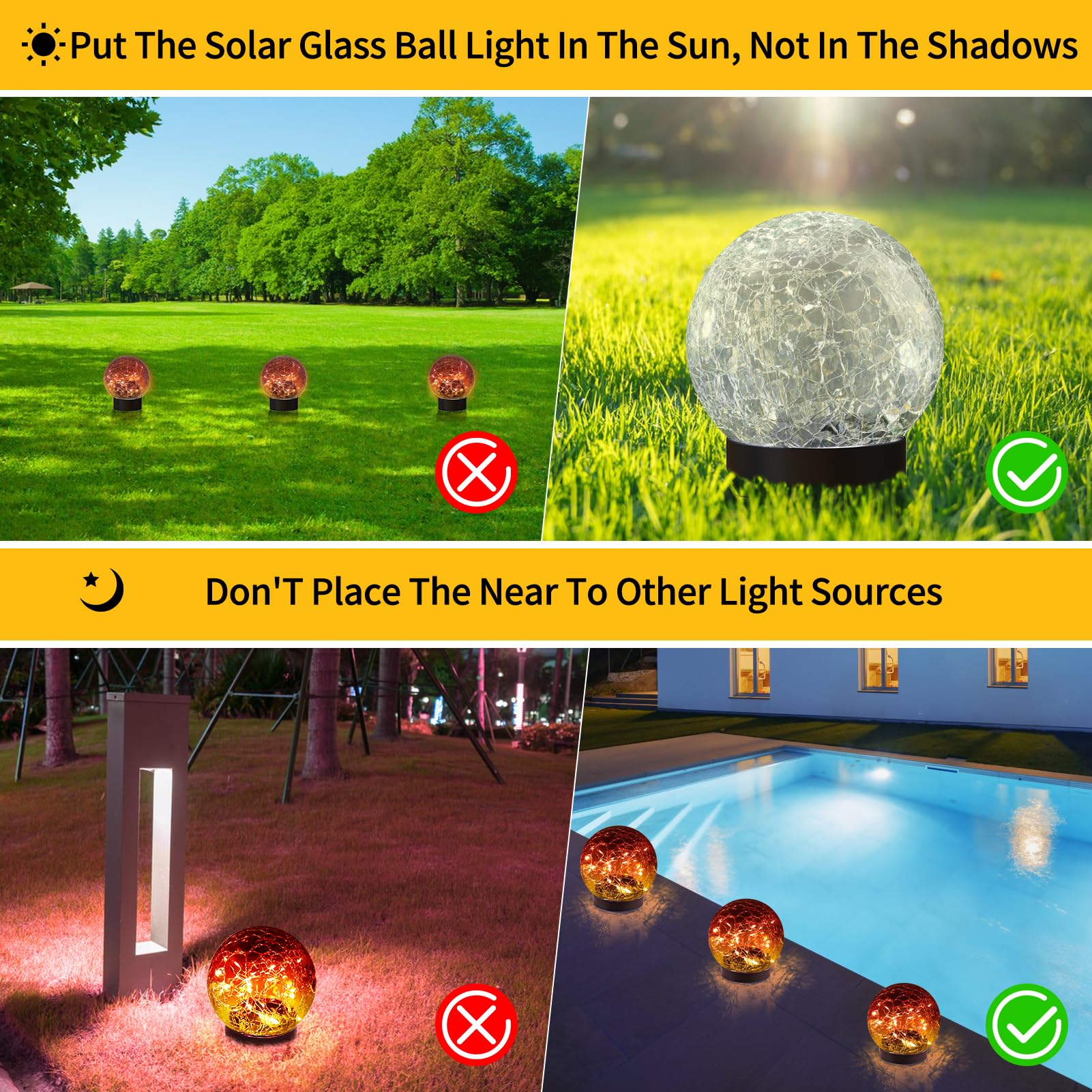 JKIMK Solar Globe Light on garden decor highlights pathways with warm glow.
