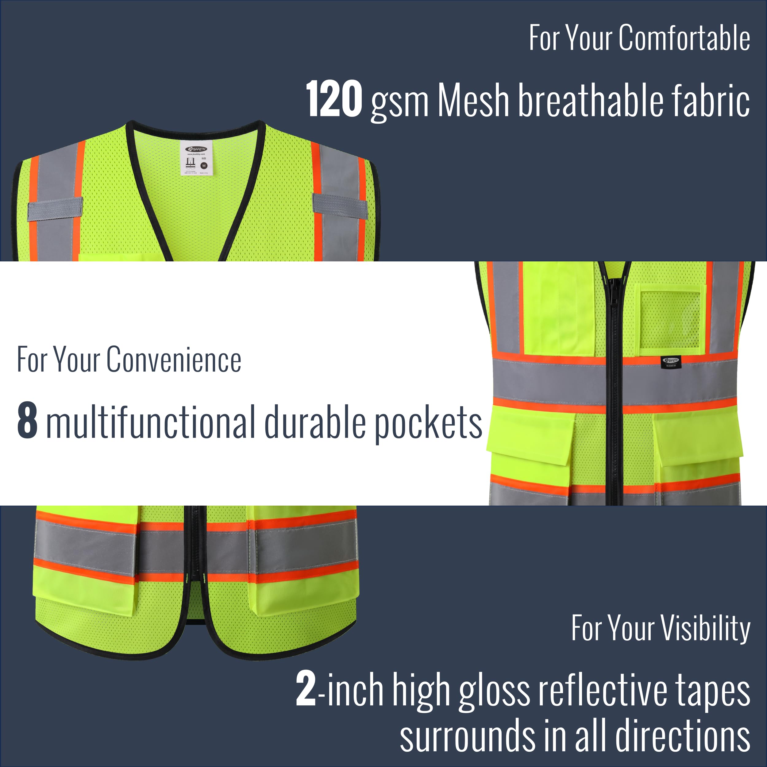 JKSafety BX320 vest with extended orange strips for enhanced visibility.