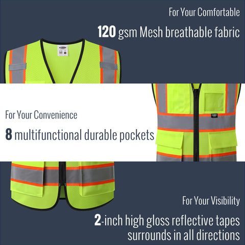 JKSafety BX320 vest with extended orange strips for enhanced visibility.