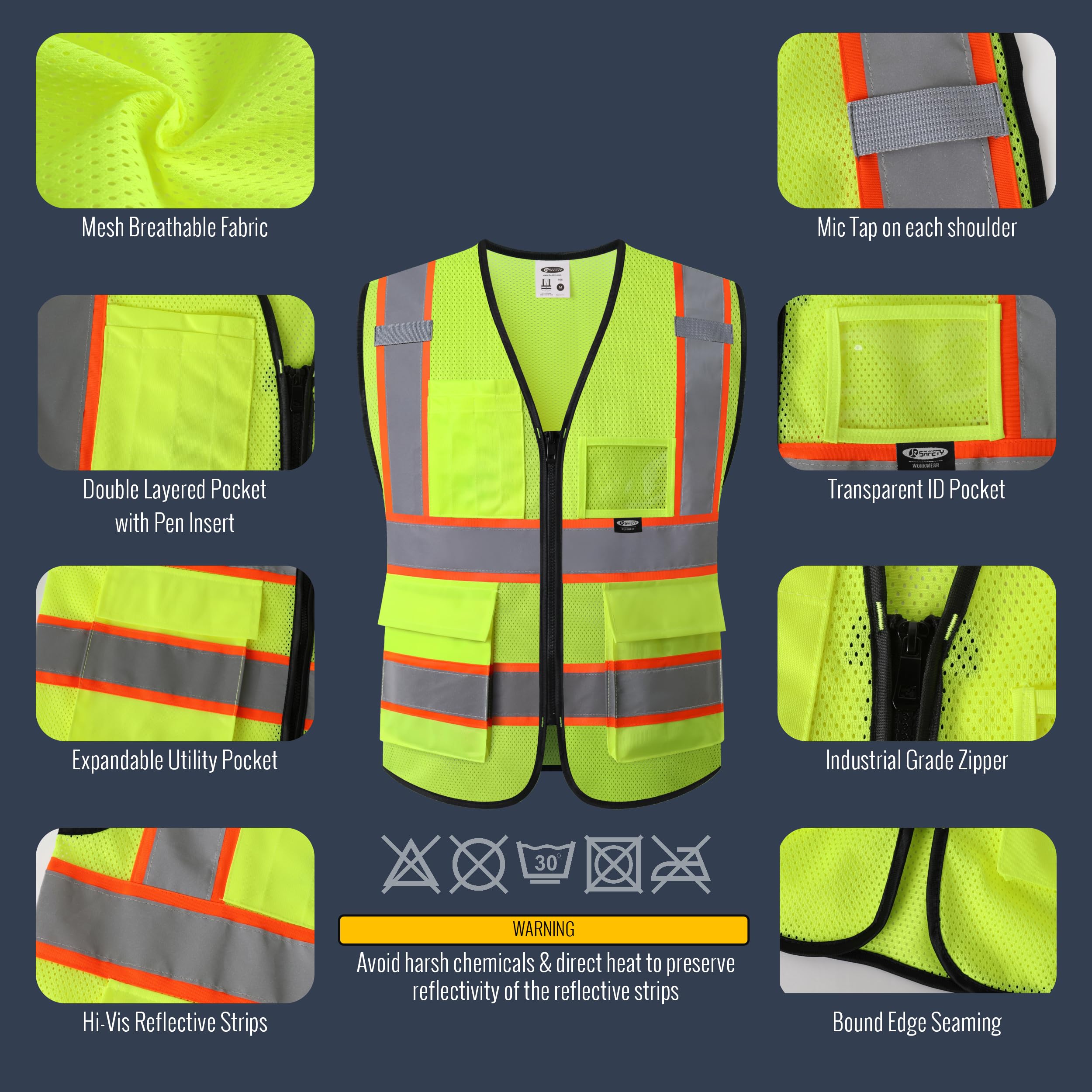 JKSafety BX320 yellow vest showing multiple pockets for tools and IDs.