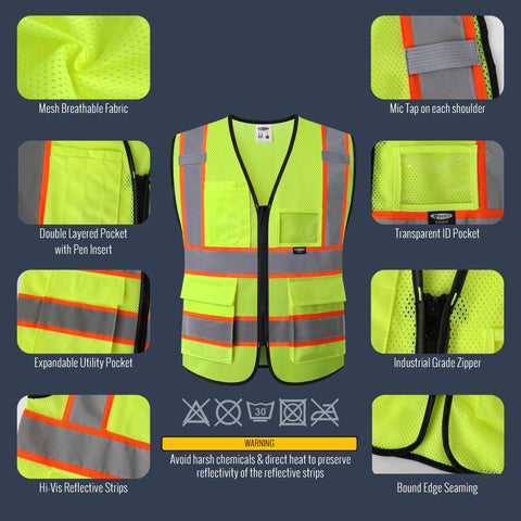 JKSafety BX320 yellow vest showing multiple pockets for tools and IDs.