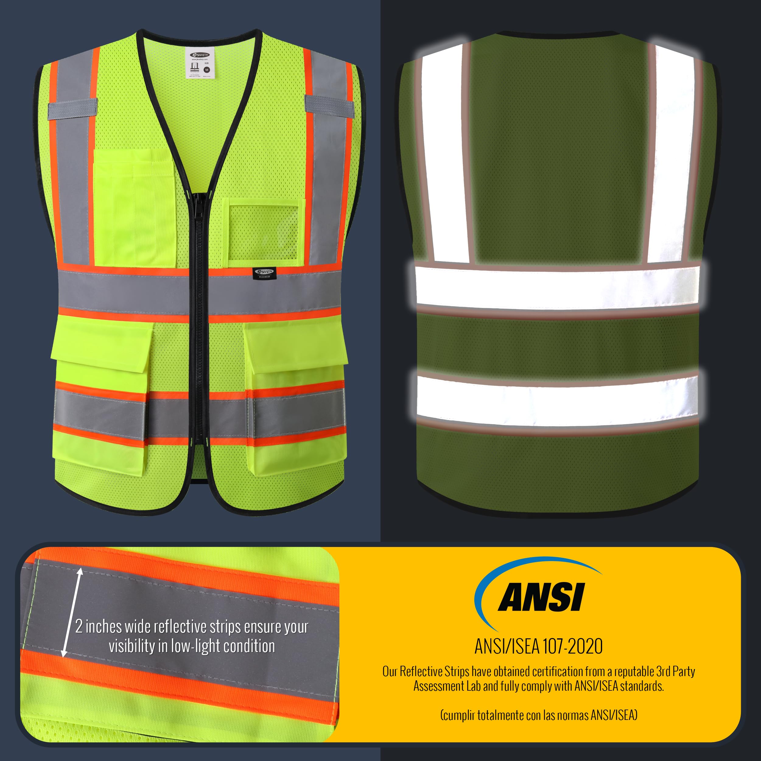 JKSafety BX320 vest featuring reflective tapes for low-light visibility.
