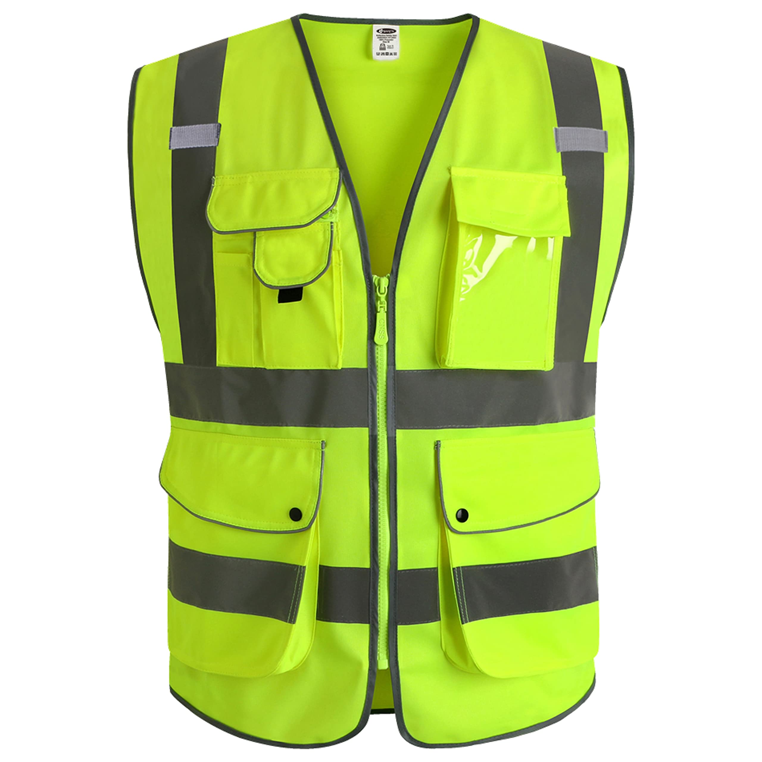 JKSafety 9-pocket Class 2 vest with front zipper for high visibility at work.