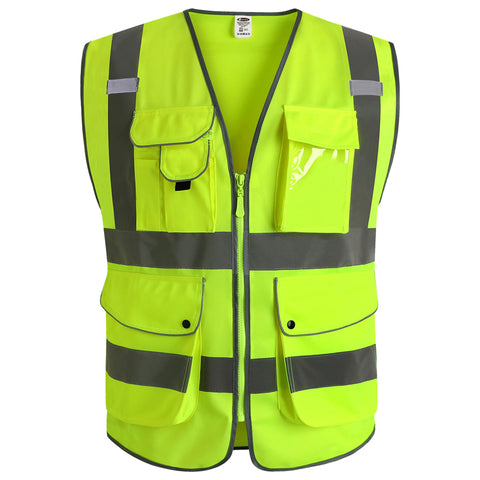 JKSafety 9-pocket Class 2 vest with front zipper for high visibility at work.