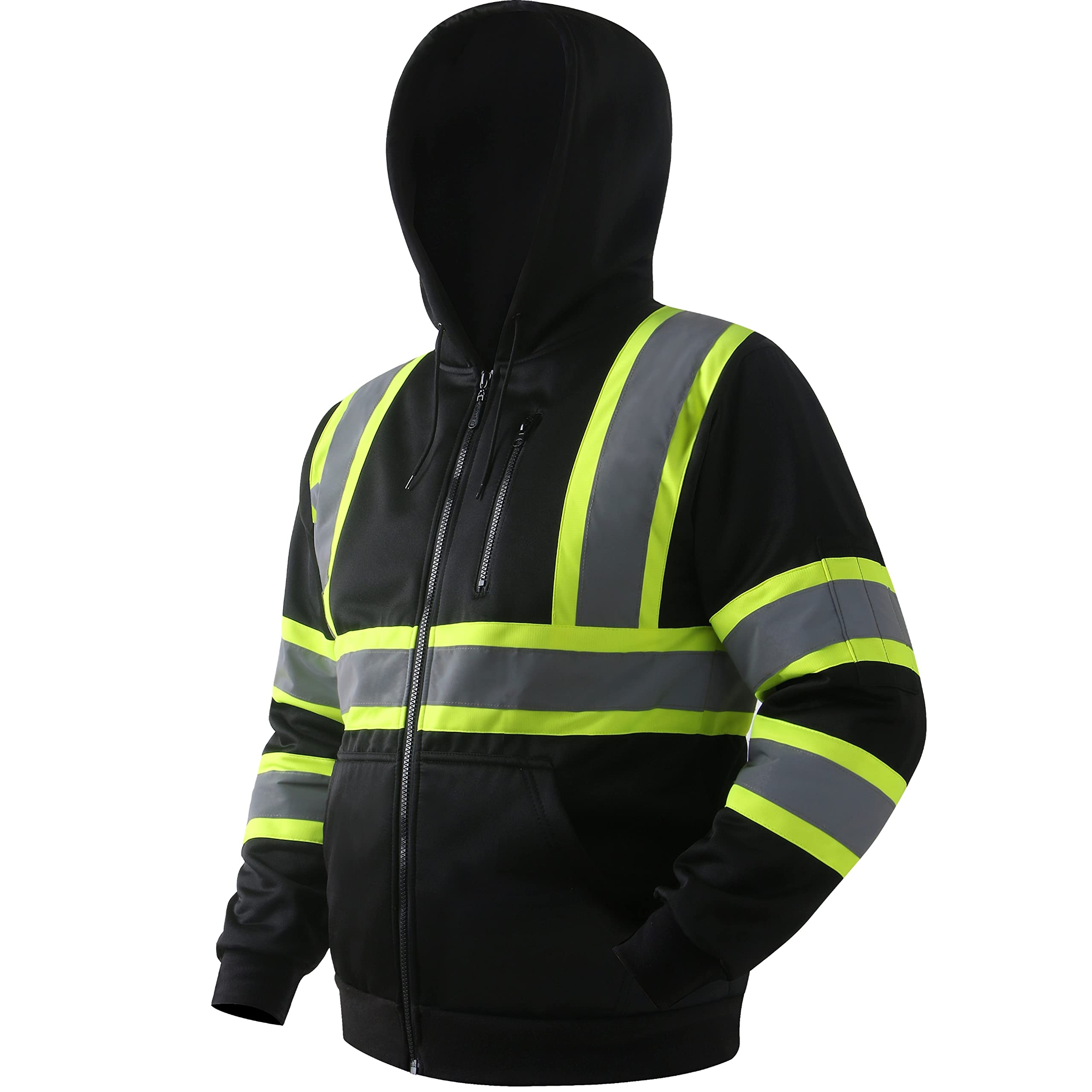 JKSafety hi-vis hoodie front view with reflective strips for enhanced visibility.
