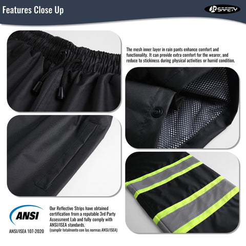 JKSafety Hi-Vis Rain Pants black fabric close-up emphasizing breathable mesh lining for comfort