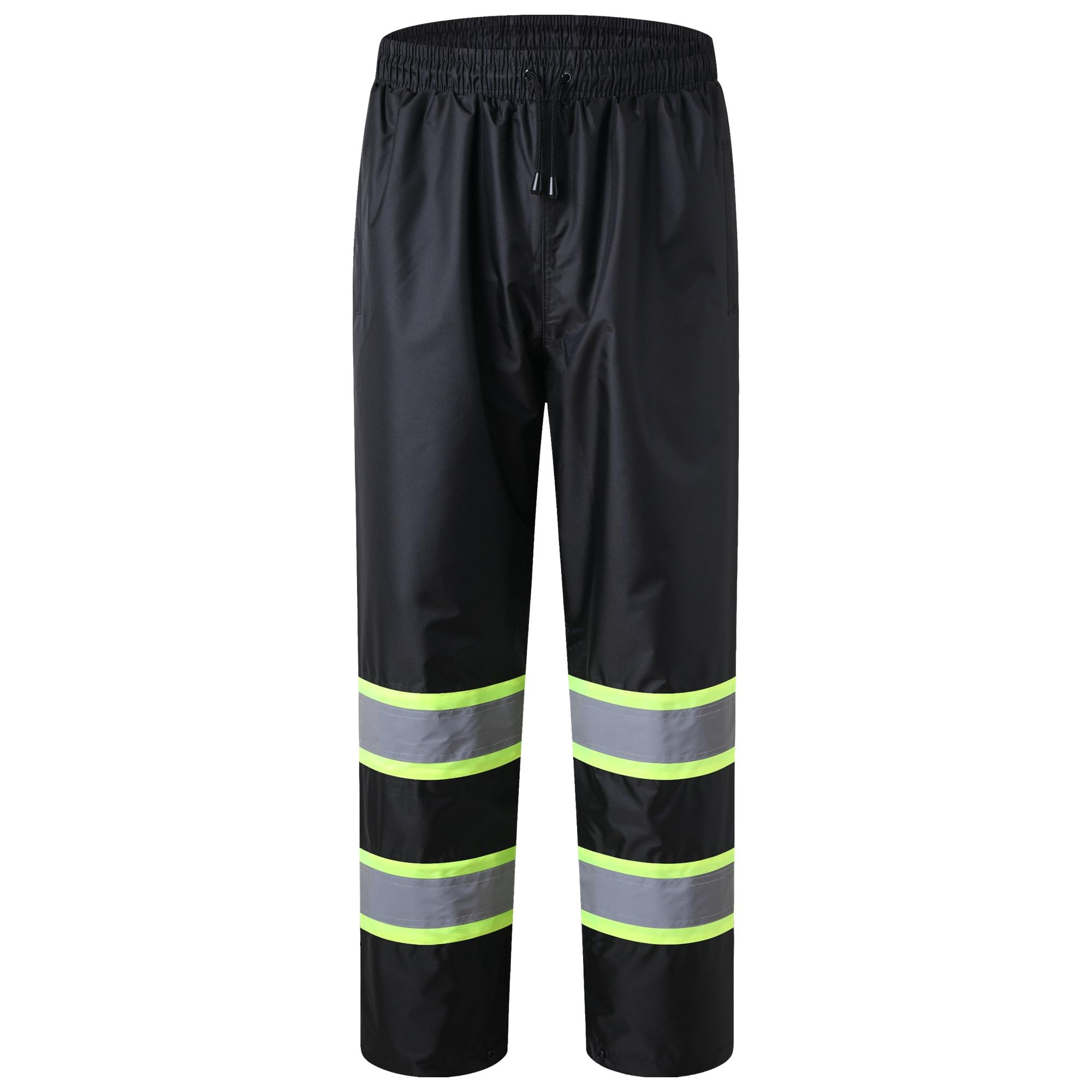 JKSafety Hi-Vis Rain Pants black front view showing reflective strips for high visibility