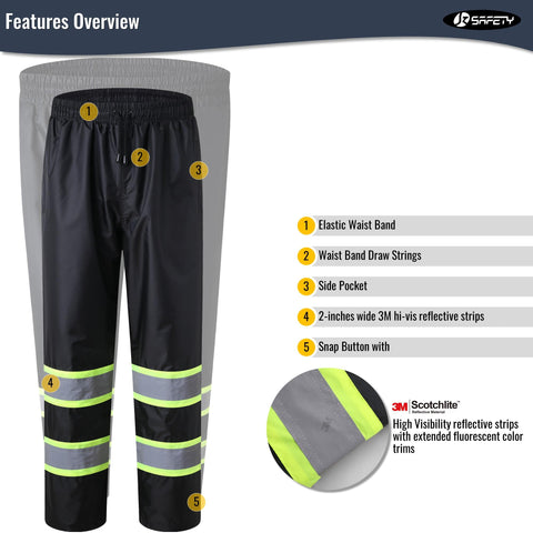 JKSafety Hi-Vis Rain Pants black side view highlighting waterproof design for rainy work days