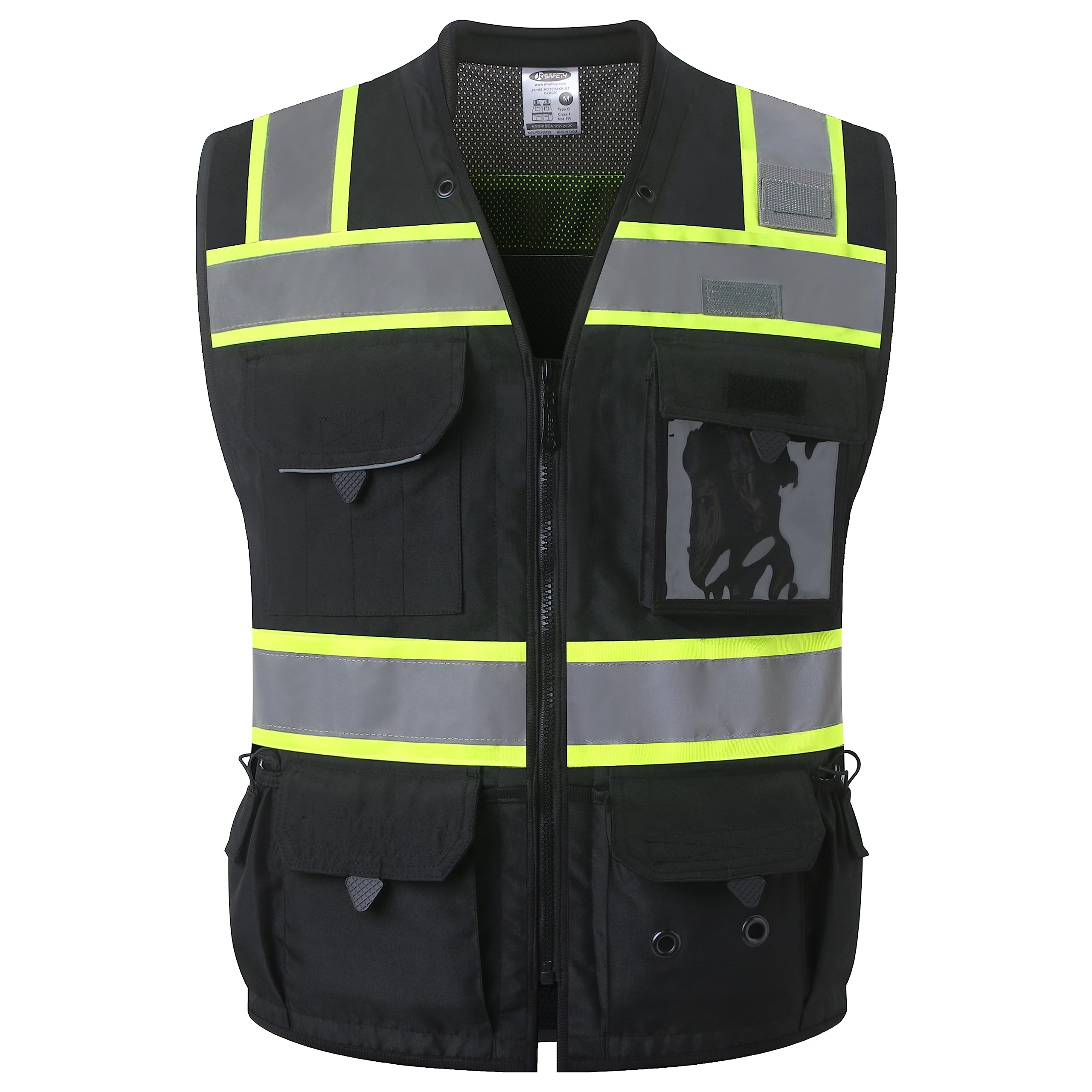 JKSafety hi-vis surveyor vest front view with reflective trim for day and night visibility