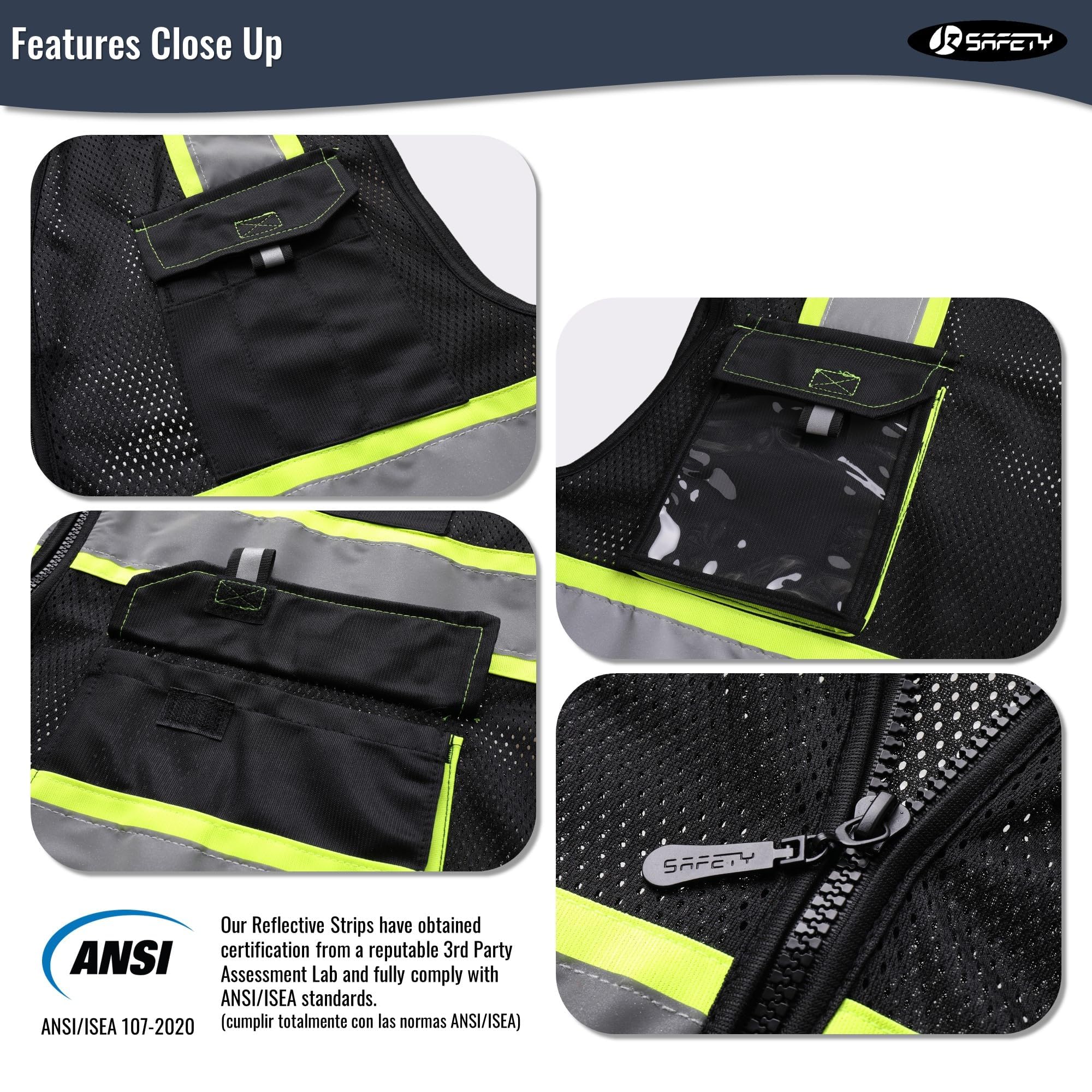 JKSafety hi vis vest pockets closeup highlights practical storage for tools.