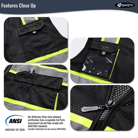JKSafety hi vis vest pockets closeup highlights practical storage for tools.