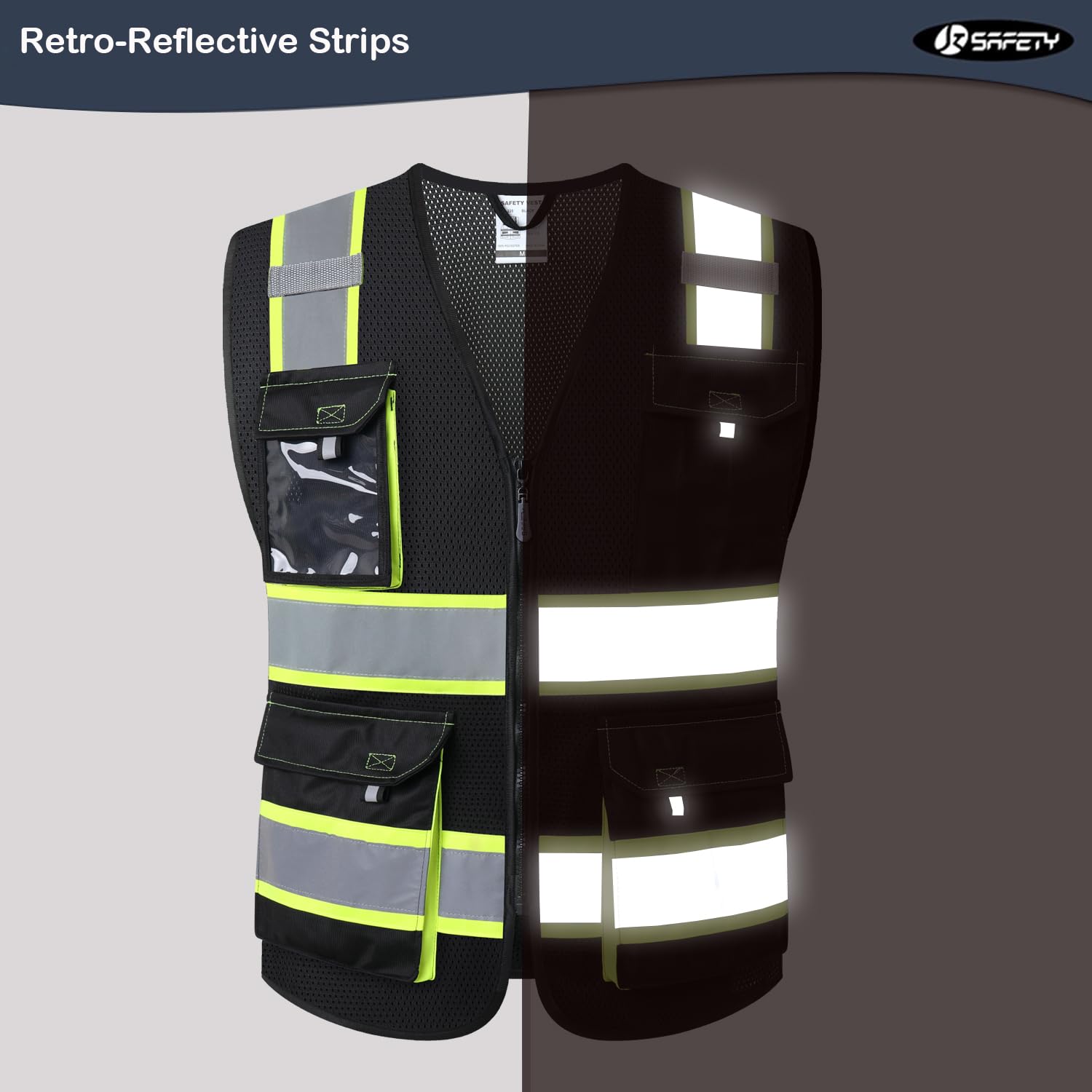 JKSafety vest showing reflective tapes from multiple angles in low light