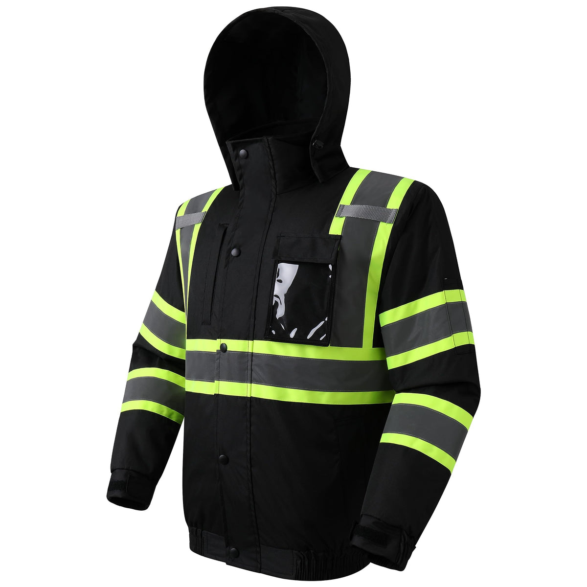 JKSafety hi-vis winter jacket front view with neon colors for enhanced daytime and night visibility.