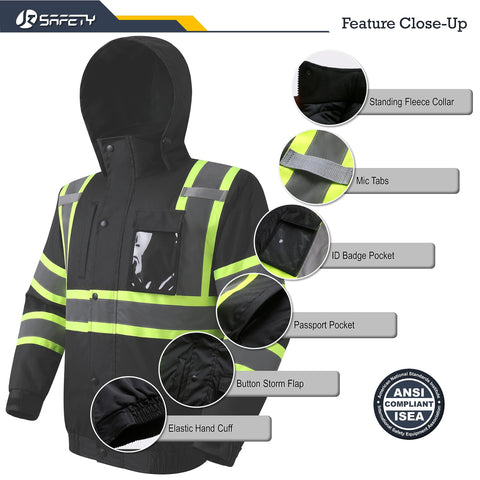 JKSafety hi-vis winter jacket hood retracted feature for adaptable weather readiness.