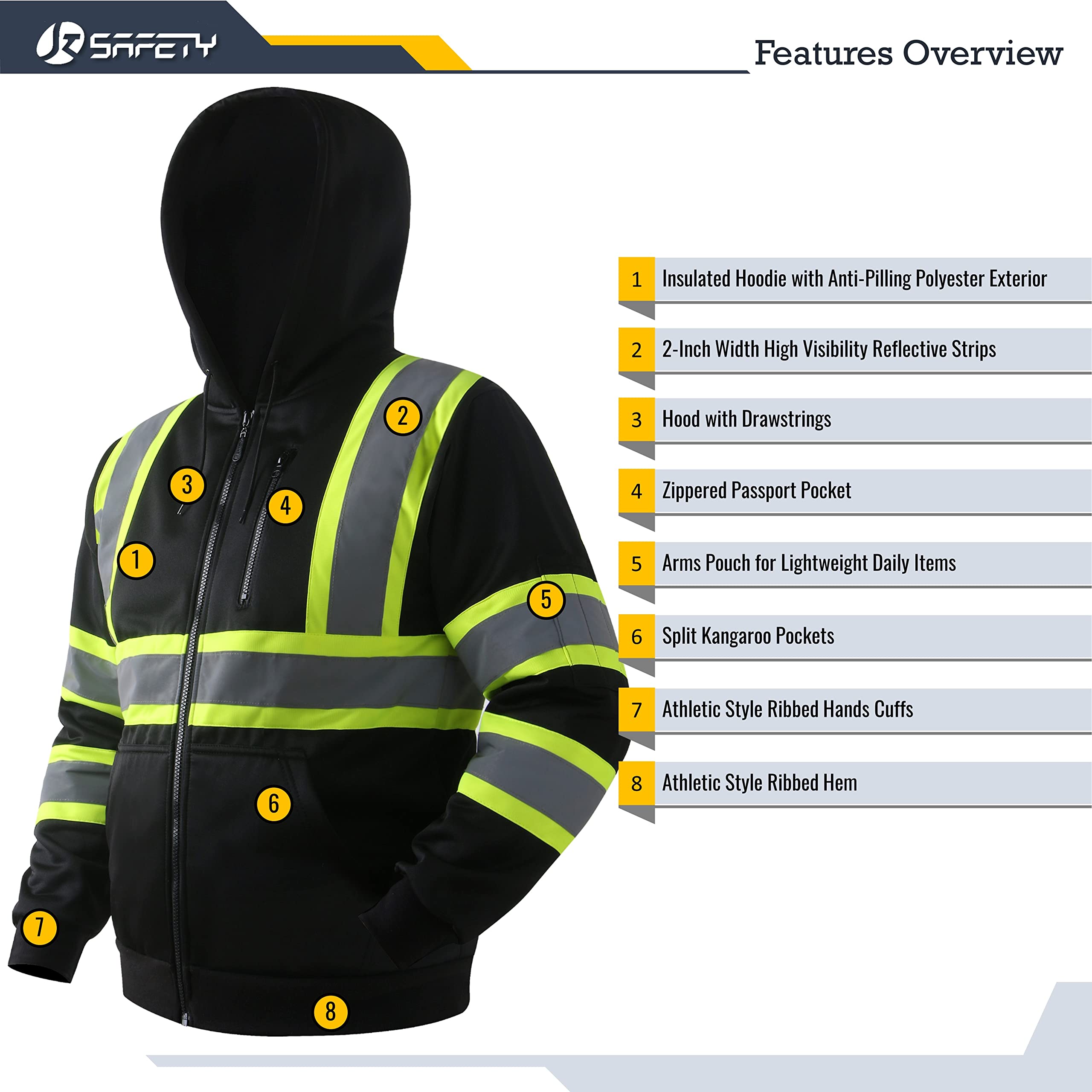 JKSafety hi-vis hoodie zipper close-up highlighting easy on-off and temperature control.
