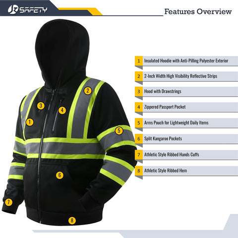 JKSafety hi-vis hoodie zipper close-up highlighting easy on-off and temperature control.