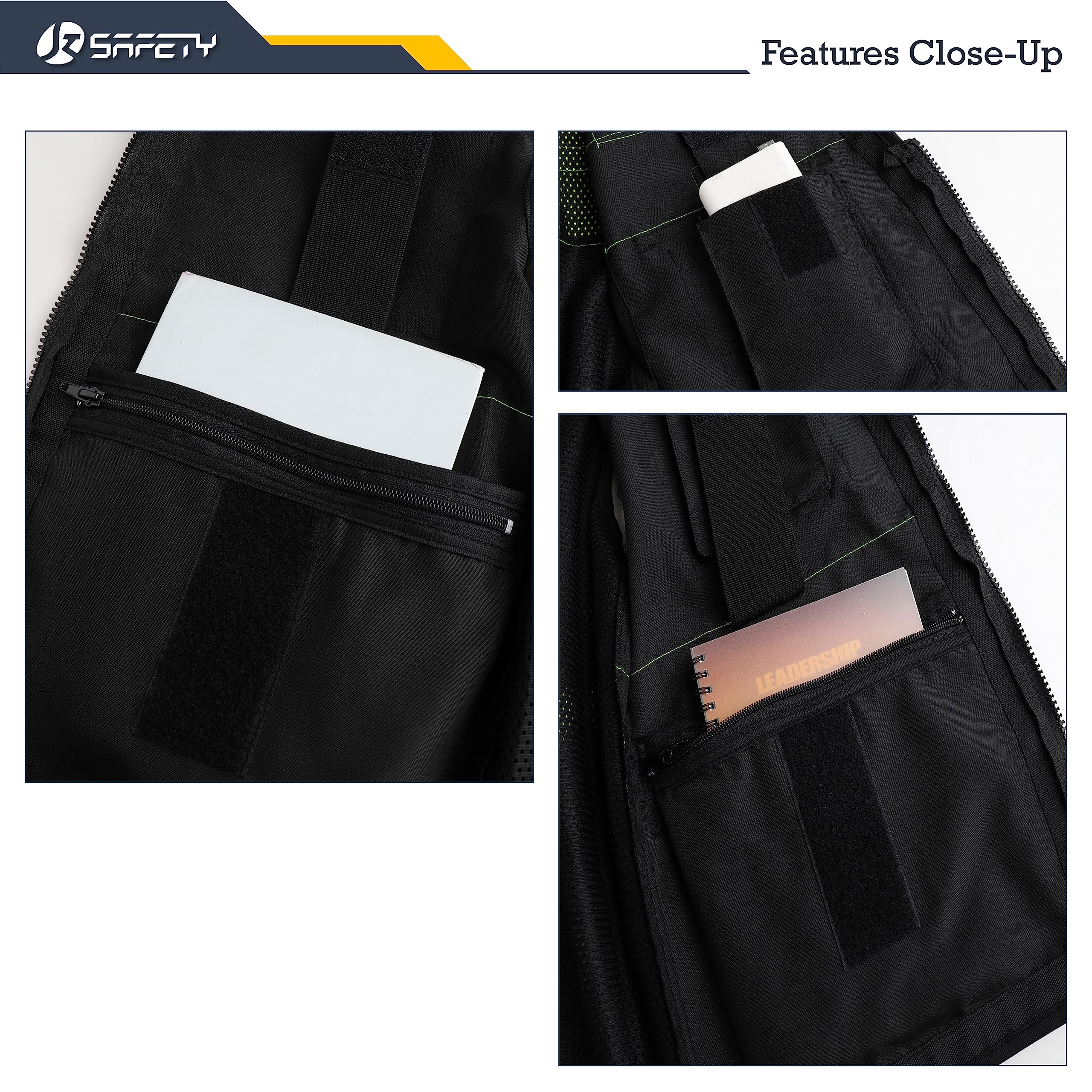 JKSafety inner pocket closeup demonstrates secure storage for phones and tools