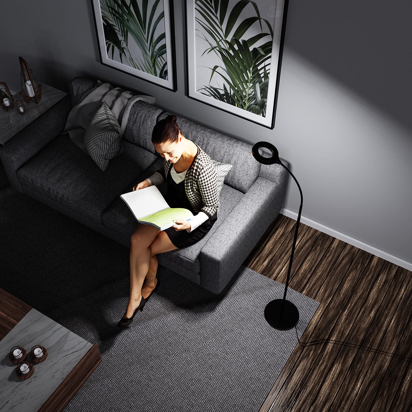 JKSWT LED floor lamp shown in living room setup for reading and ambiance.