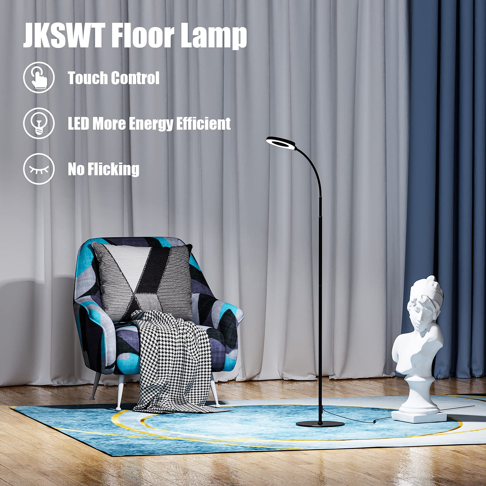 JKSWT LED floor lamp emits soft, flicker-free light with long life.