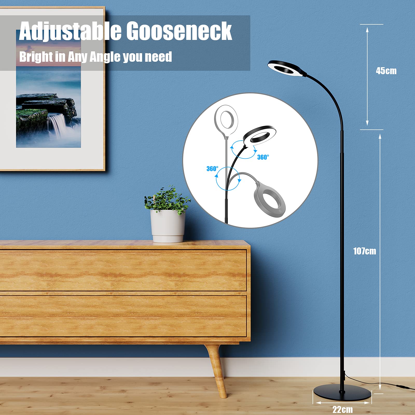 JKSWT LED floor lamp stable round base minimizes tipping risk.