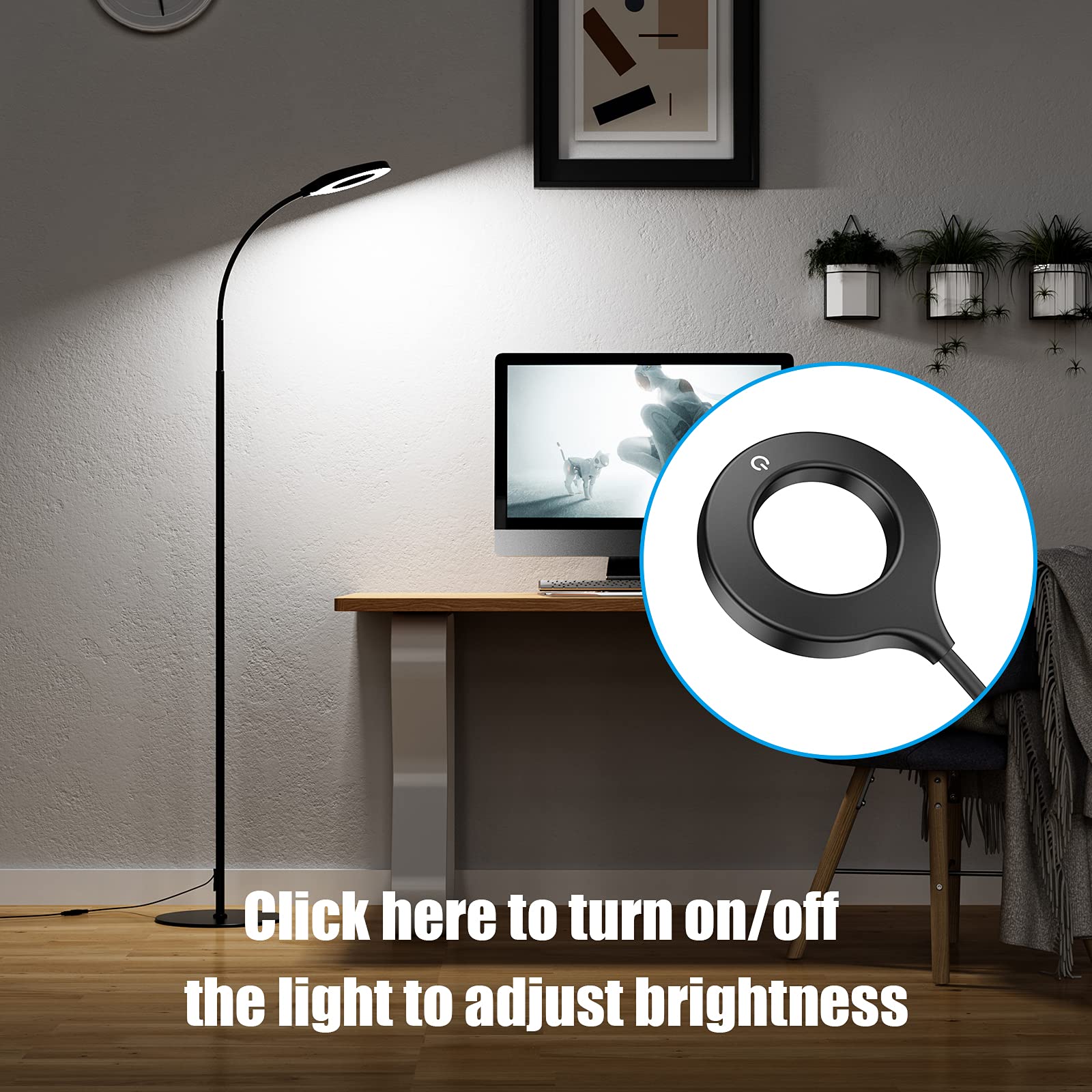 JKSWT LED floor lamp top touch control enables quick on/off and dimming.