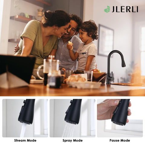 Jlerli kitchen faucet matte black finish complements modern kitchens