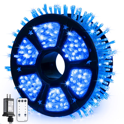 JMEXSUSS 600 blue LED outdoor lights along a house for vibrant holiday enchantment.