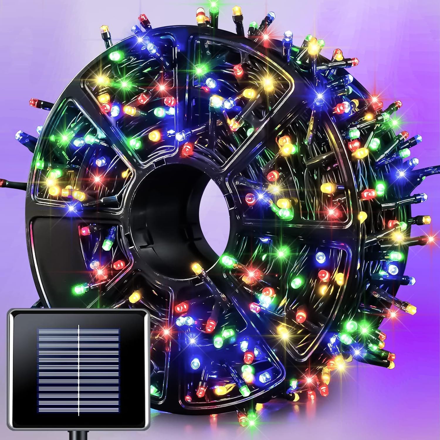 JMEXSUSS 600 LED solar Christmas lights outdoors illuminate spaces with vibrant color for festive décor.