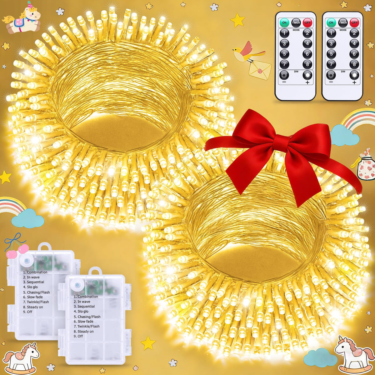 JMEXSUSS 2-pack battery-operated string lights create a cozy bedroom ambiance.