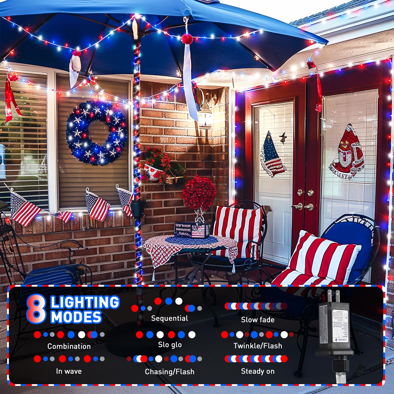 Patriotic JMEXSUSS string lights for outdoor decor with vibrant red white blue tones.