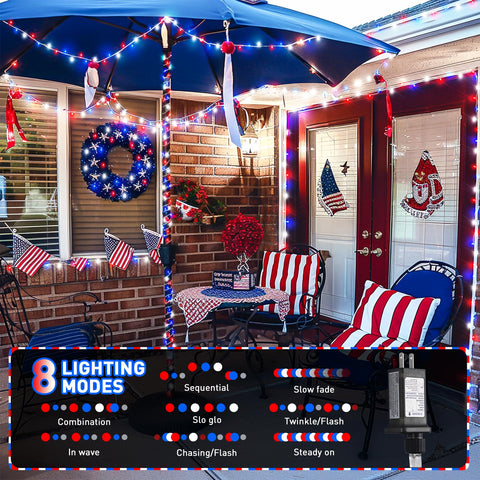 Patriotic JMEXSUSS string lights for outdoor decor with vibrant red white blue tones.