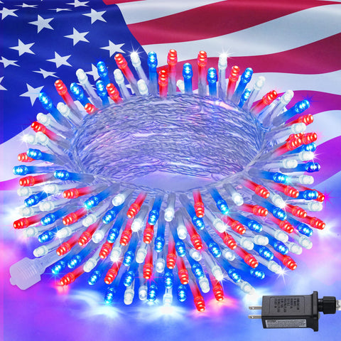 JMEXSUSS red white and blue string lights for outdoor decor, 66 ft length and 200 LEDs.