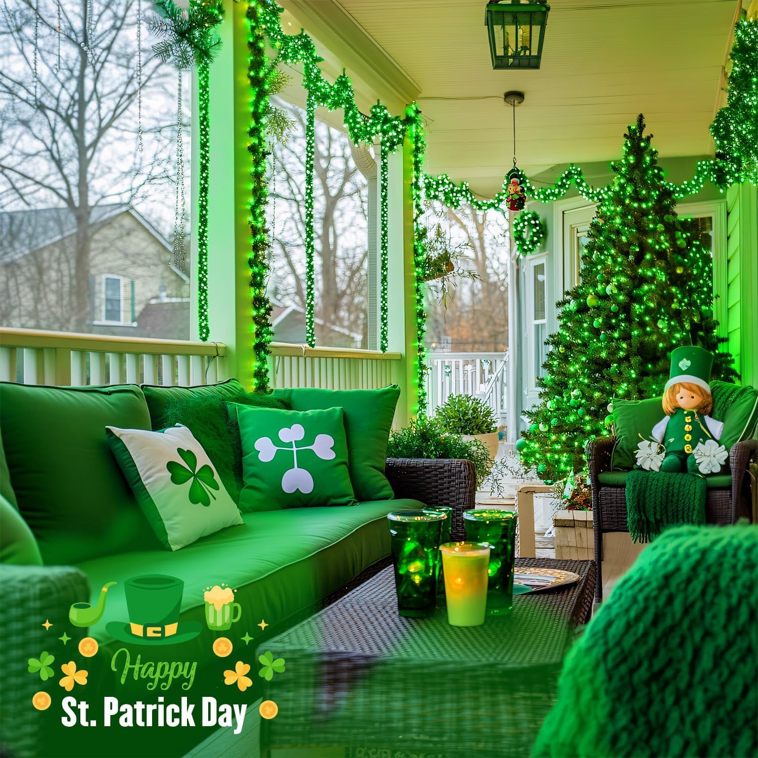 Indoor outdoor green lights suitable for St Patrick's Day decor