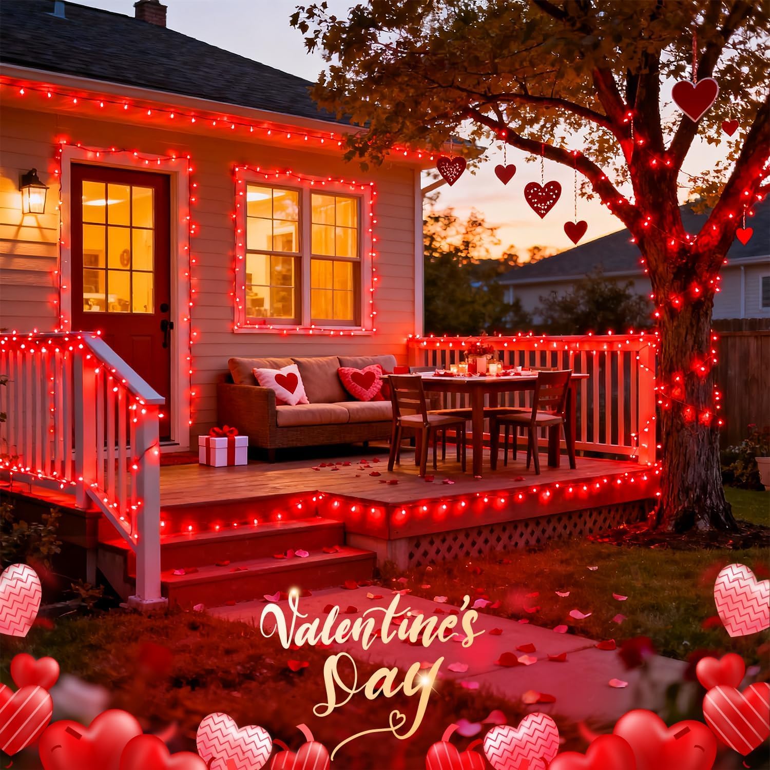 Warm red glow wraps trees and patios with JMEXSUSS lights