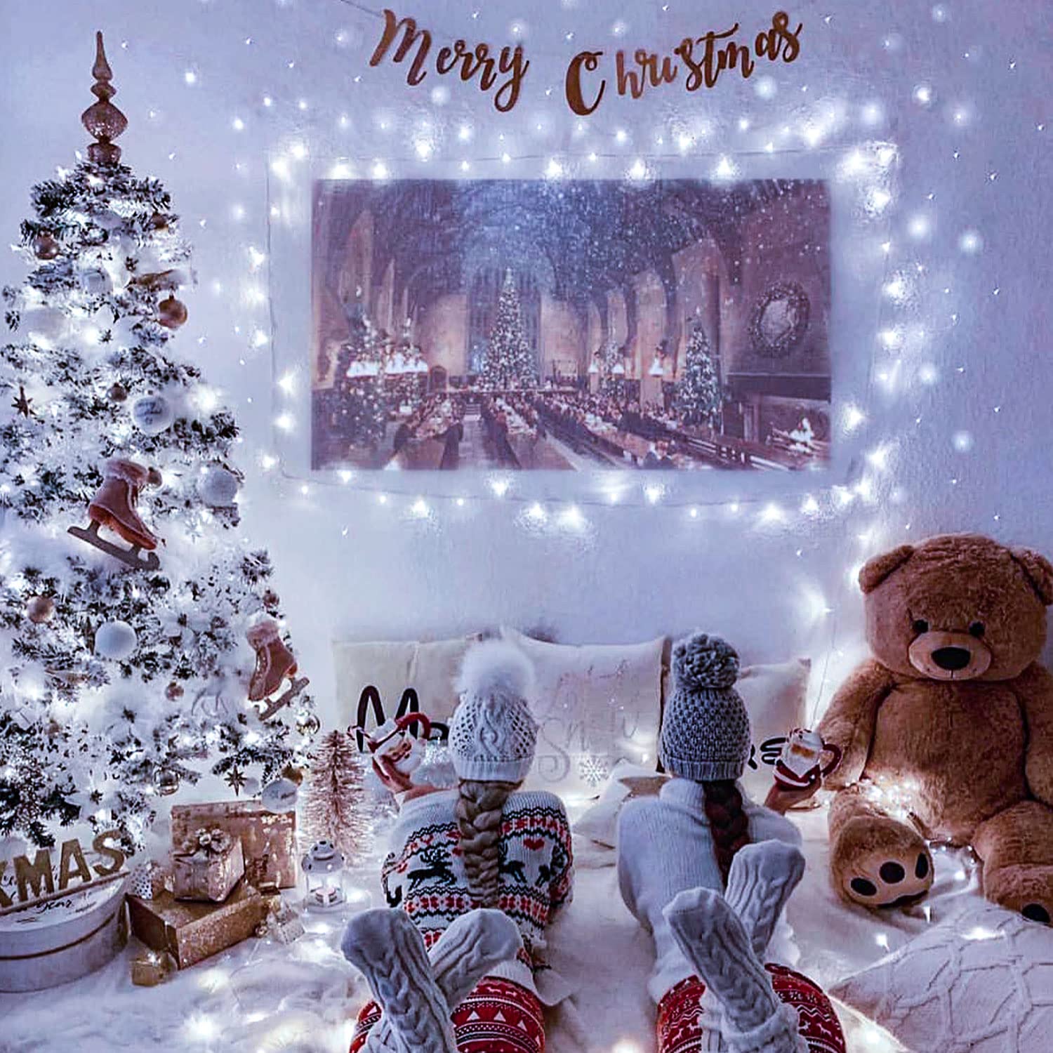 JMEXSUSS white LED lights illuminate fireplace area with cozy light