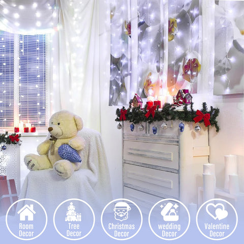 JMEXSUSS white LED lights drape along walls framing a mirror with glow