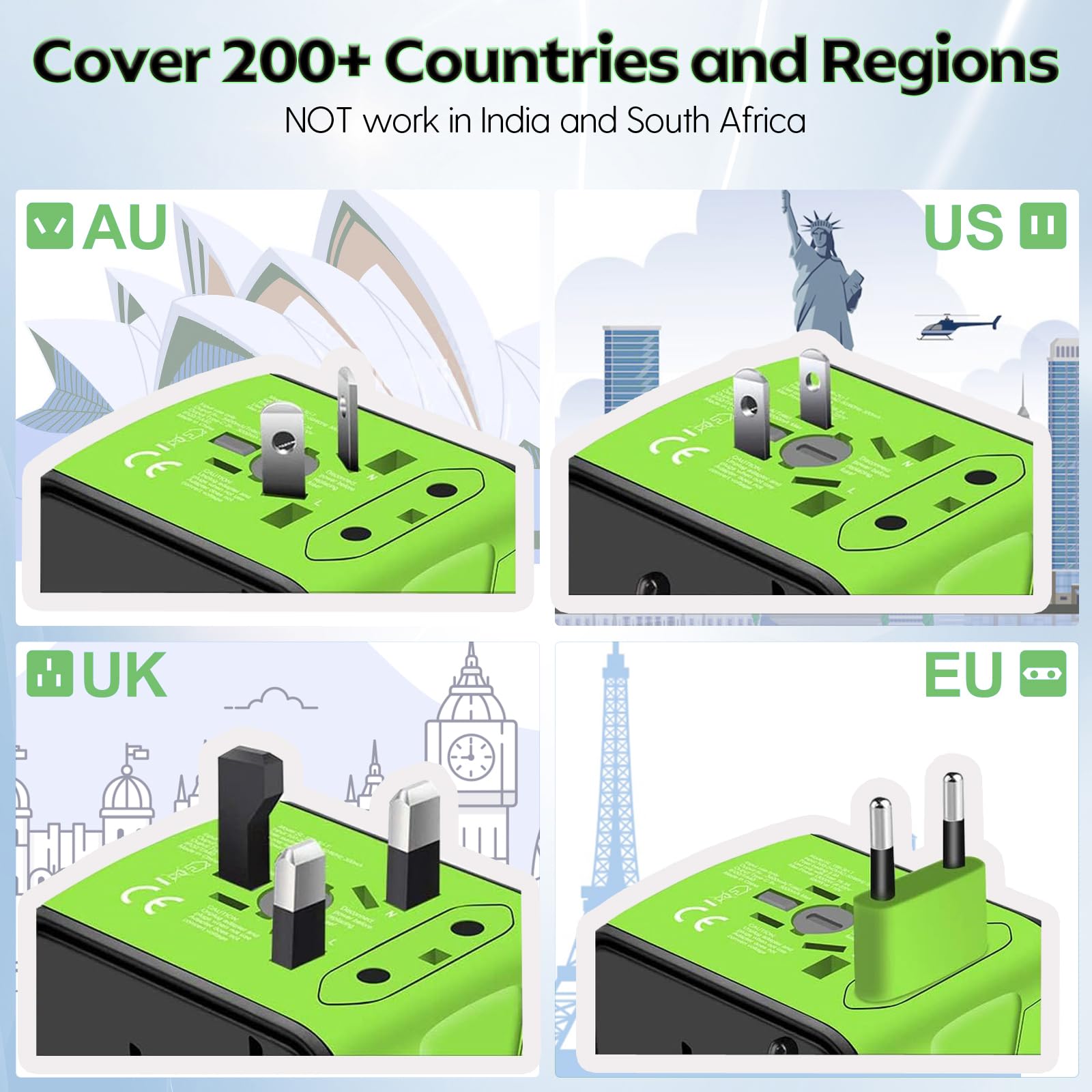 JMFONE travel adapter with two USB-A ports to power multiple devices.