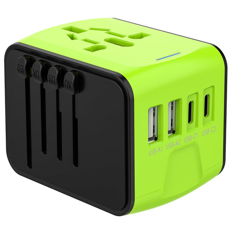 JMFONE universal travel adapter with 4 sockets for worldwide charging on the go.