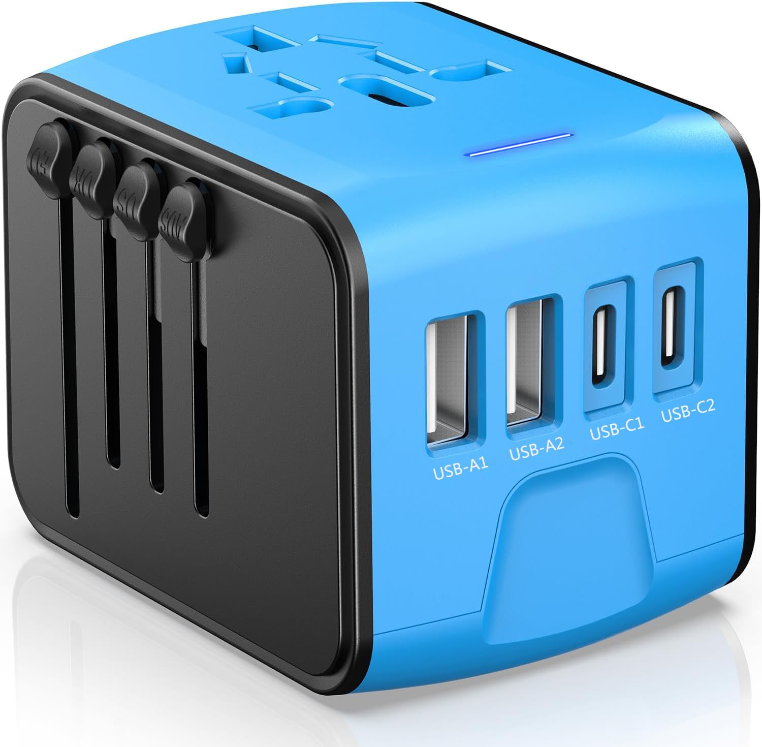 JMFONE universal travel adapter blue with sliders enables quick country plug selection