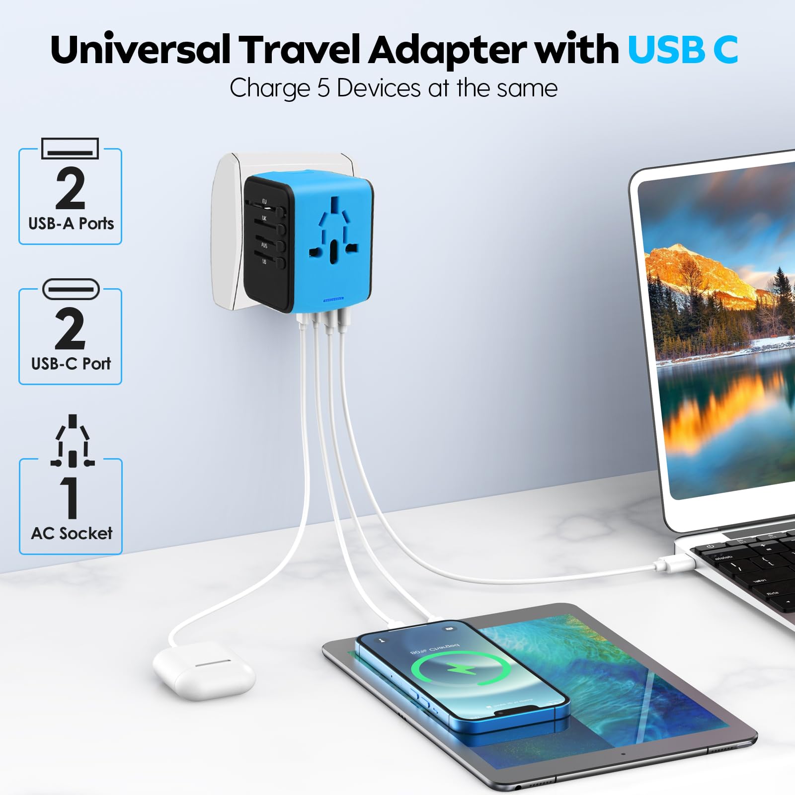 JMFONE adapter shows USB-C and USB-A ports for multi-device charging on the go