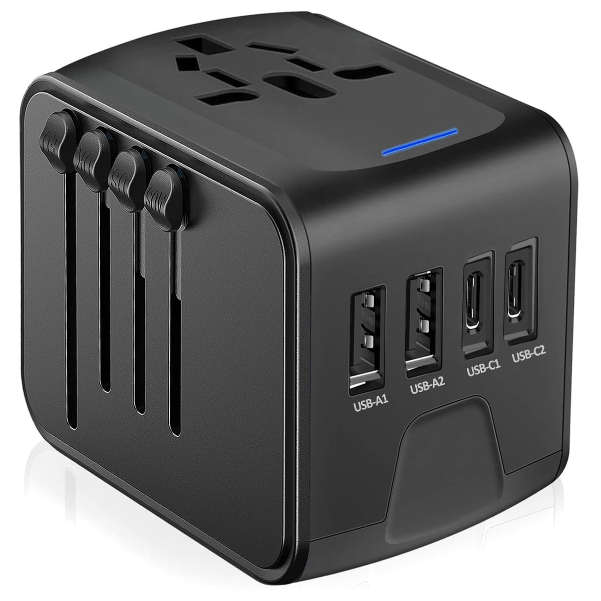 JMFONE universal travel adapter front view with USB-C and USB-A ports for multi-device charging