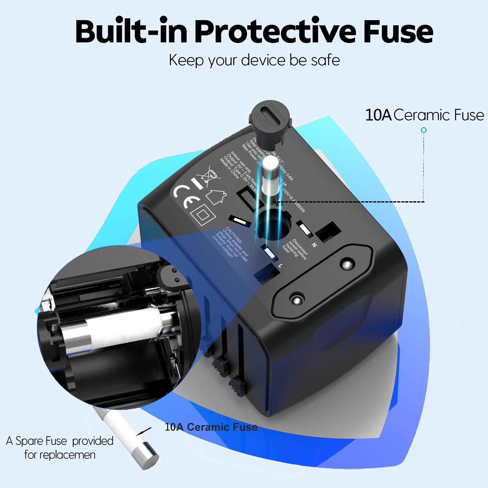 JMFONE safety fuse detail showing built-in protection for connected devices