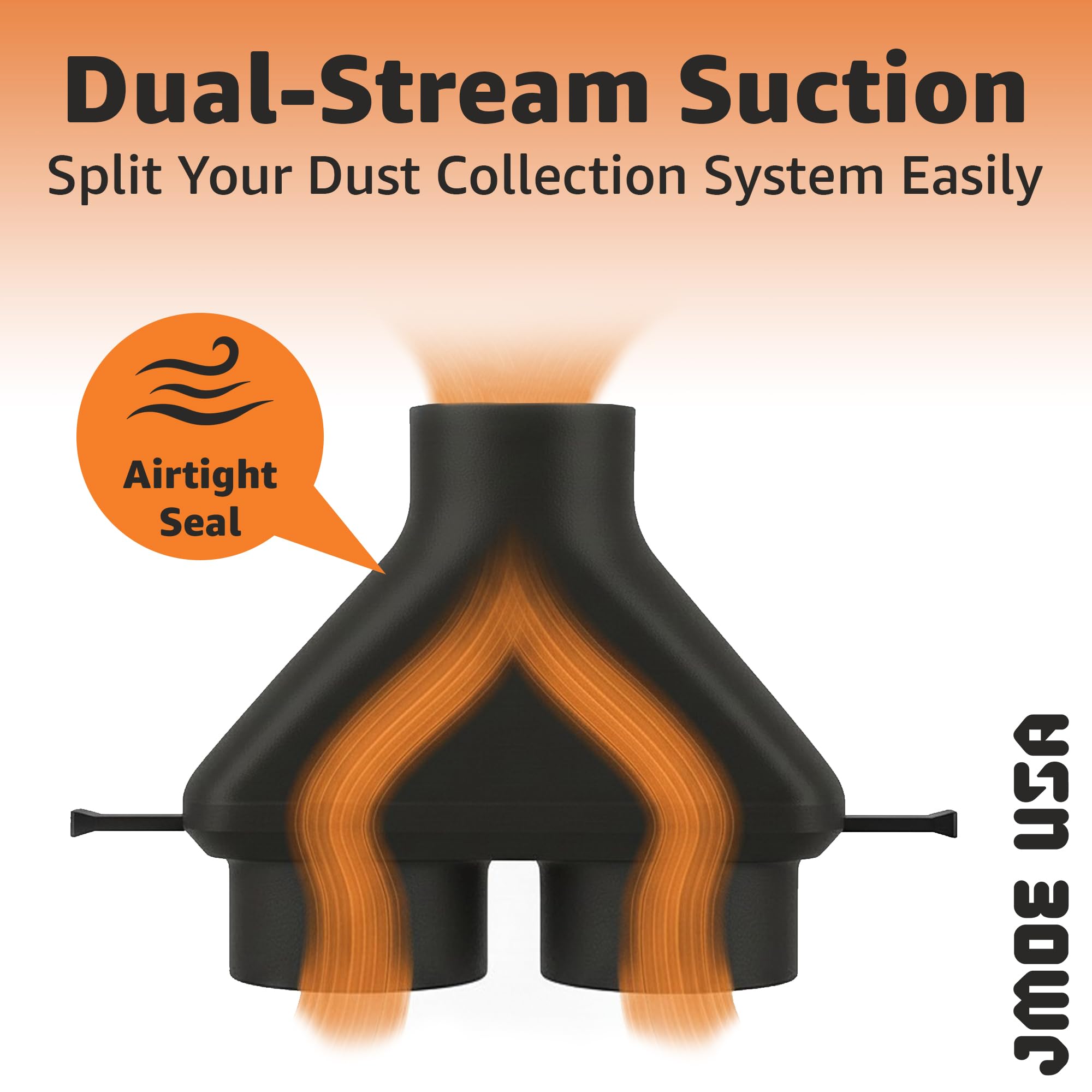 Jmoe USA dual blast gates control airflow to each line for precise dust collection.