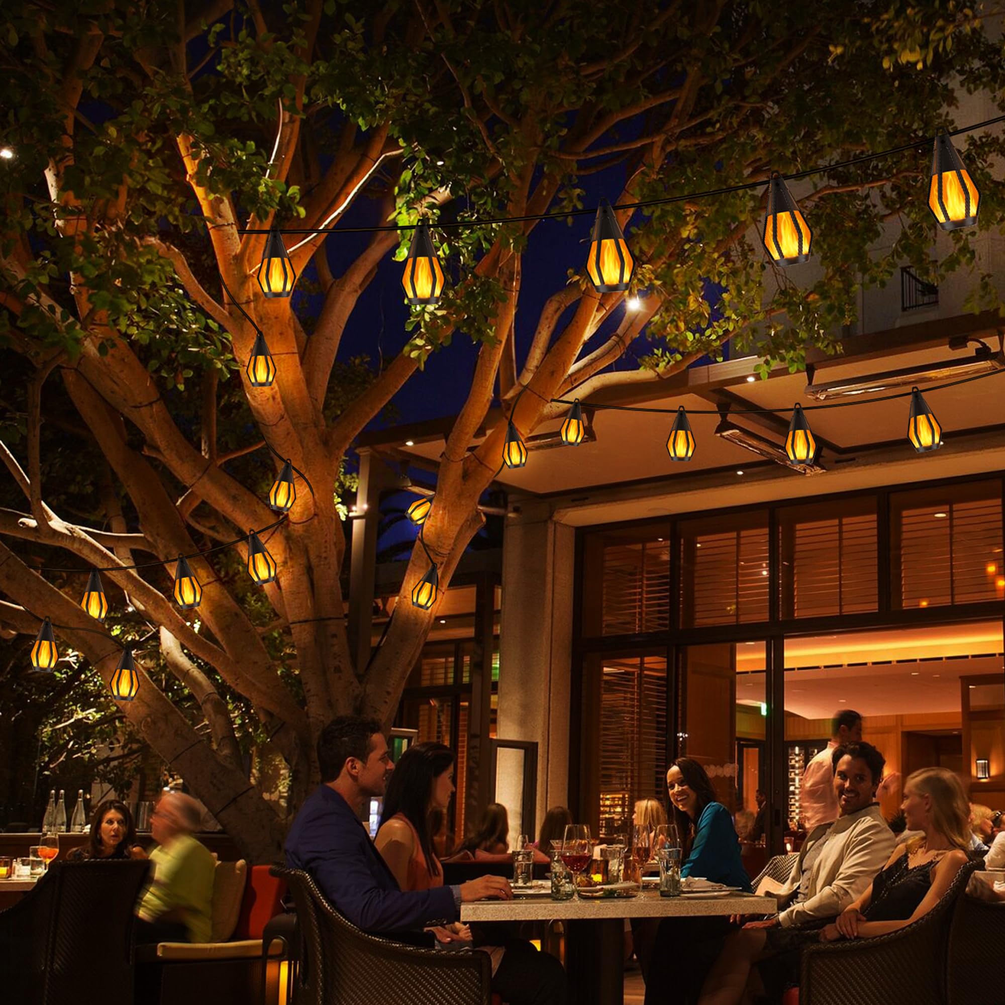 Jnaurb ten flickering flame bulbs create cozy ambiance outdoors.